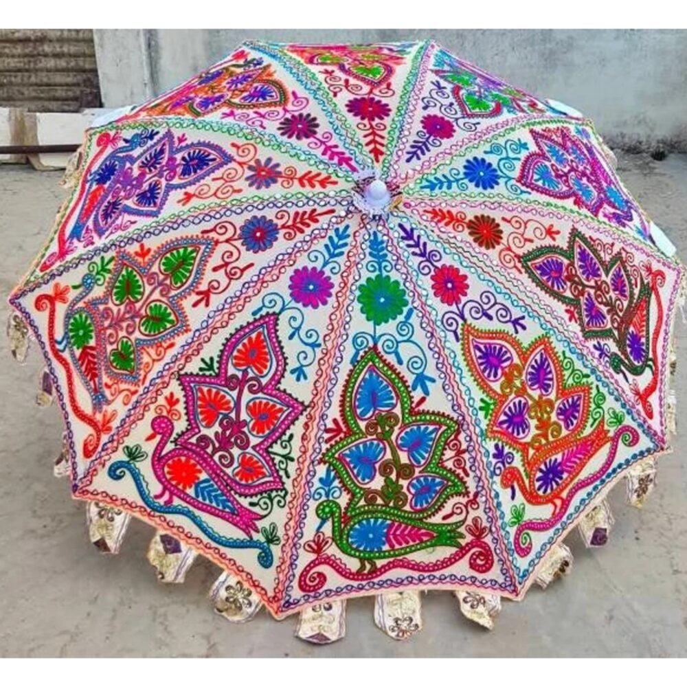 Colorful handmade embroidered Indian wedding umbrella with vibrant floral and paisley patterns, decorative parasol for bridal entry, Mehndi, Haldi, event décor, and traditional celebrations.