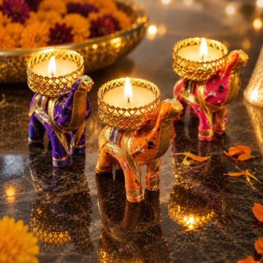 Handmade elephant tea light candle holders in vibrant purple, orange, and pink fabric with golden detailing, glowing candles, and festive Diwali décor on a decorative tabletop.
