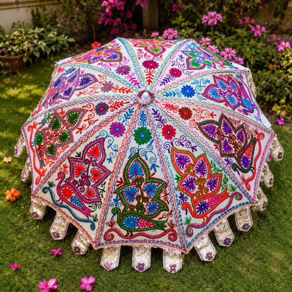 Colorful handmade embroidered Indian wedding umbrella with vibrant floral and paisley patterns, decorative parasol for bridal entry, Mehndi, Haldi, event décor, and traditional celebrations.