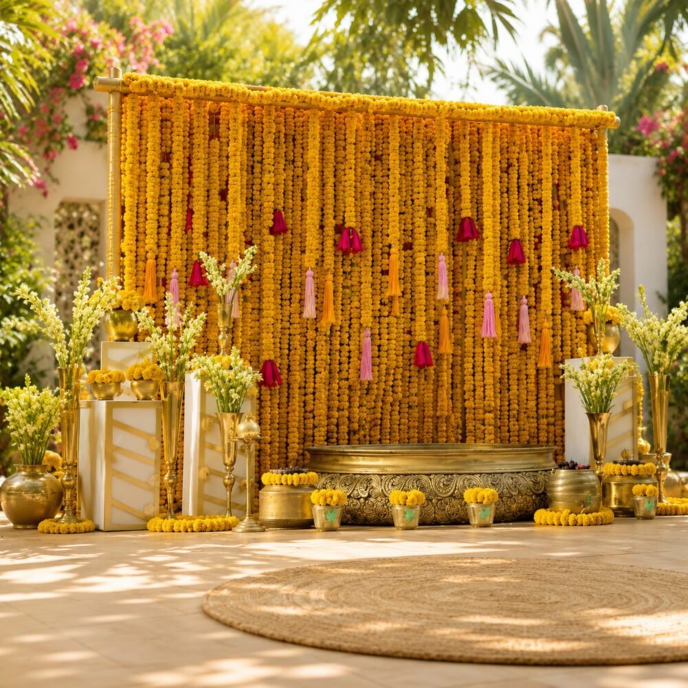 Bright yellow marigold flower garlands with colorful tassels in green, orange, pink, blue, and yellow.